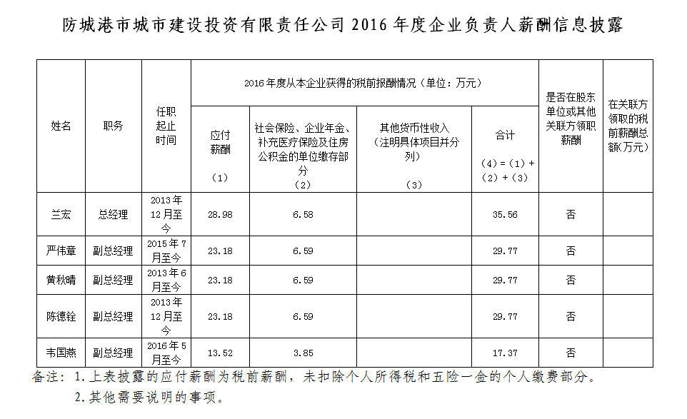 防城港市城投公司2016年度企业负责人薪酬信息披露